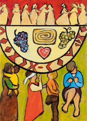 Menschen an einer Tafel, altertümlich gemalt