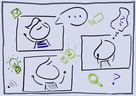 Bild eines Whiteboards, auf dem mehrere Strichmännchen in Rahmen gemalt wurden